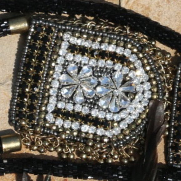 Handmade Bejeweled Necklace Double Medallion Long Tribal Feather Multi Strand - Picture 2 of 10